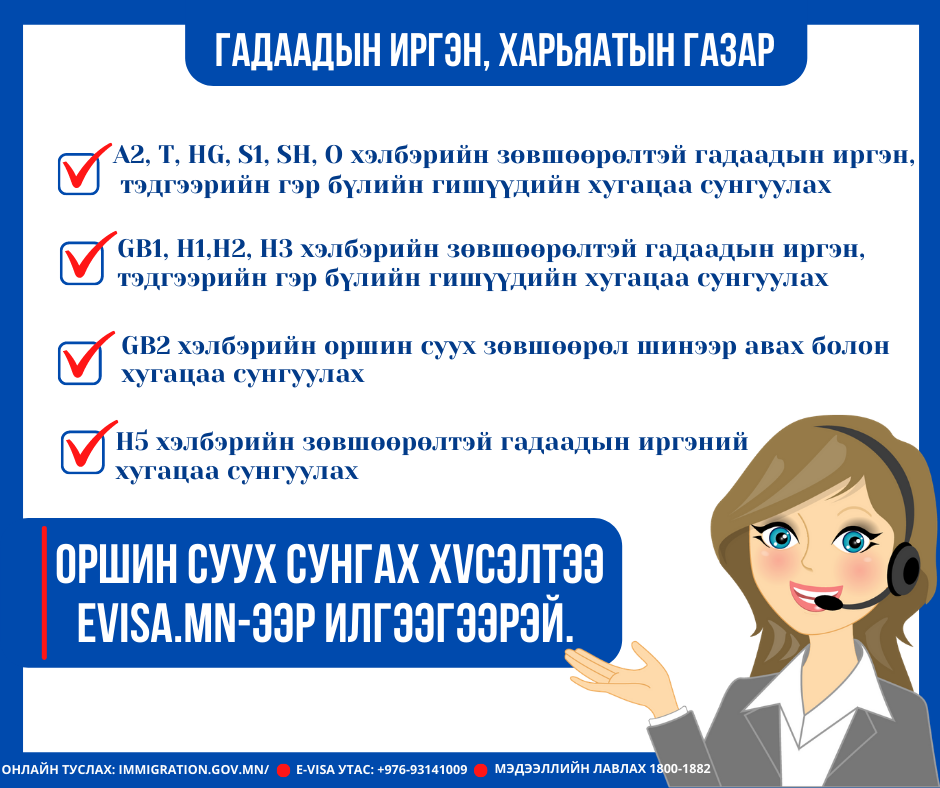 Гадаадын иргэдийн оршин суух сунгах хүсэлтийг цахимаар хүлээн авч байна