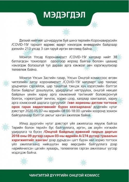 Чингэлтэй дүүргийн иргэд 08:00-18:00 цагийн хооронд ГЭРЭЭСЭЭ ГАРАХГҮЙ