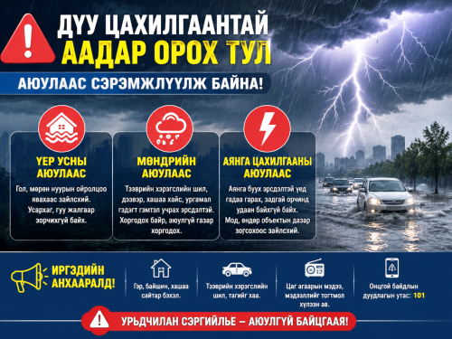 Дуу цахилгаантай аадар орох тул үер ус, мөндөр, аянга цахилгааны аюулаас сэрэмжлүүлж байна